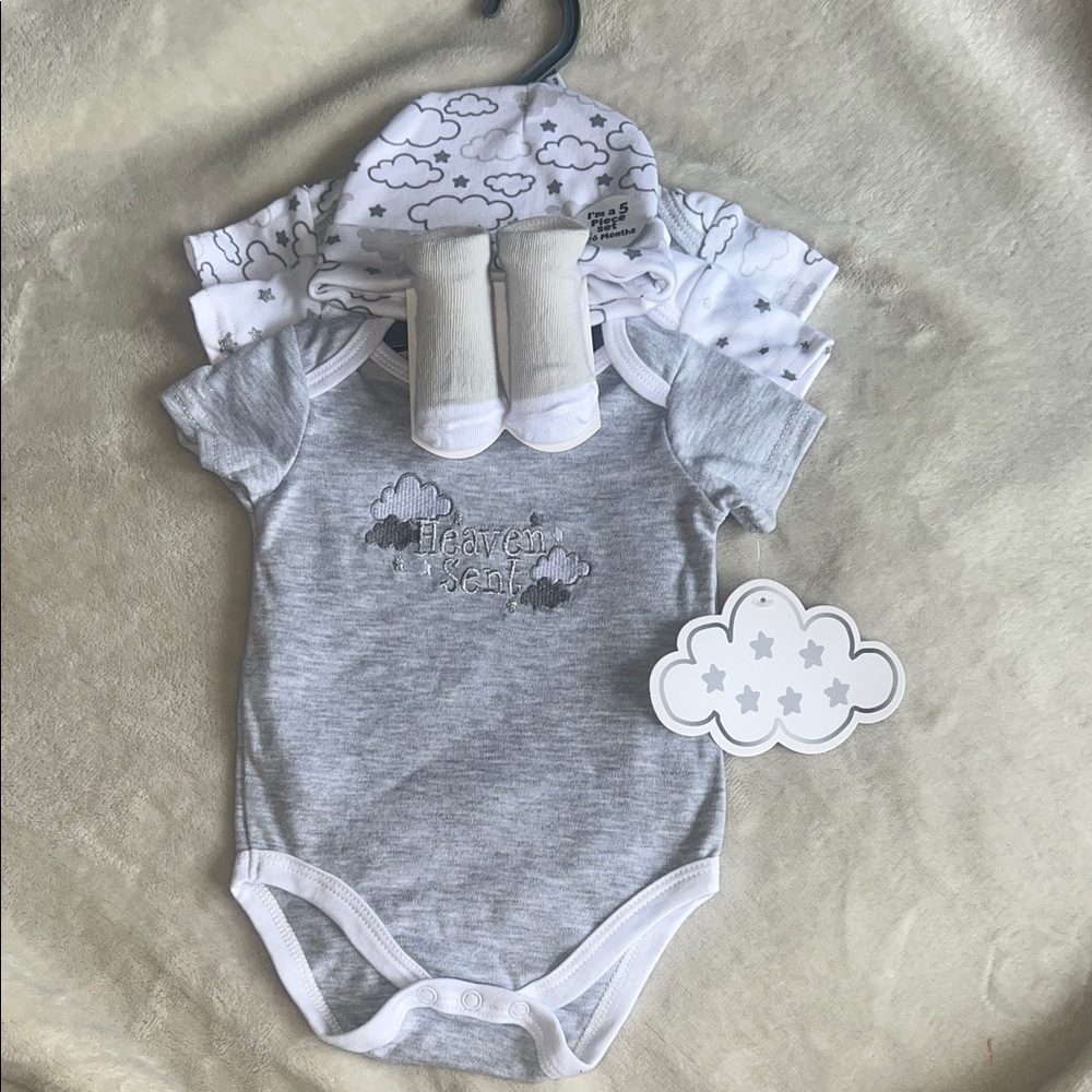 5 Piece Gray and White Baby Onesie Set